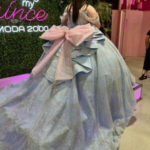 Elegant Blue Gown with Pink Bow